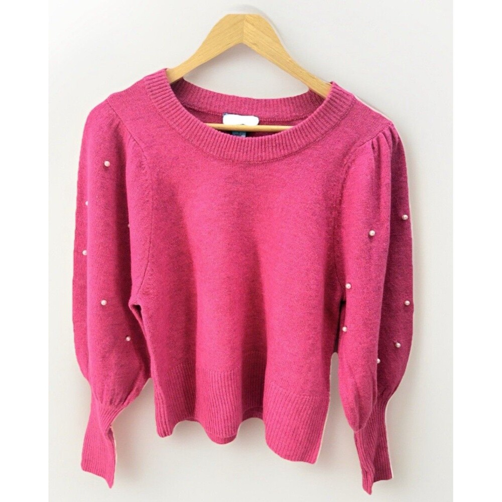 New CeCe Women Sweater S Pearls Pullover Round Neck Embellished Balloon Sleeves - Picture 11 of 11